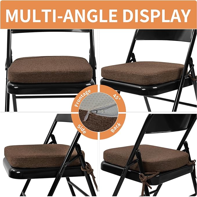 SINOSSO Memory Foam Chair Cushion for Folding Chair 1 Pcs, Thickened 2" Square Kitchen Chair Pad with Ties, Indoor Non-Slip Dining Chair Seat Cushion (1 Piece, Dark Brown)