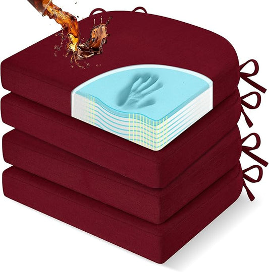 downluxe Chair Cushions for Dining Chairs, Memory Foam Linen Kitchen Chair Pads with Ties, Waterproof, Stain-Resistant and Washable Cover, 17" x 16" x 2.5", Red, 4 Pack