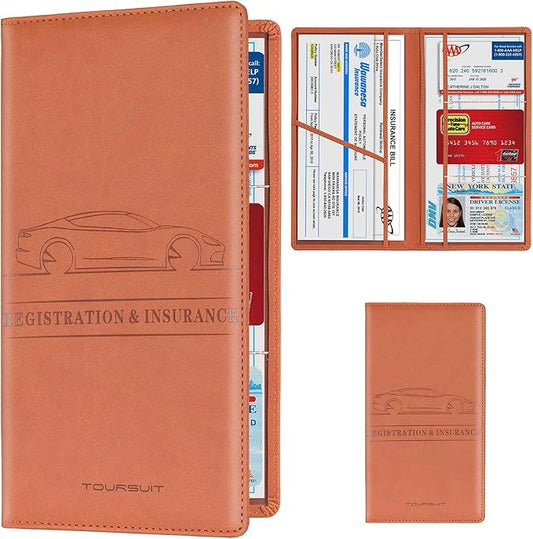 TOURSUIT Car Registration and Insurance Card Holder, Vehicle License Document Glove Box Compartment Organizer, Interior Car Accessories for Women Men Teens (Brown)