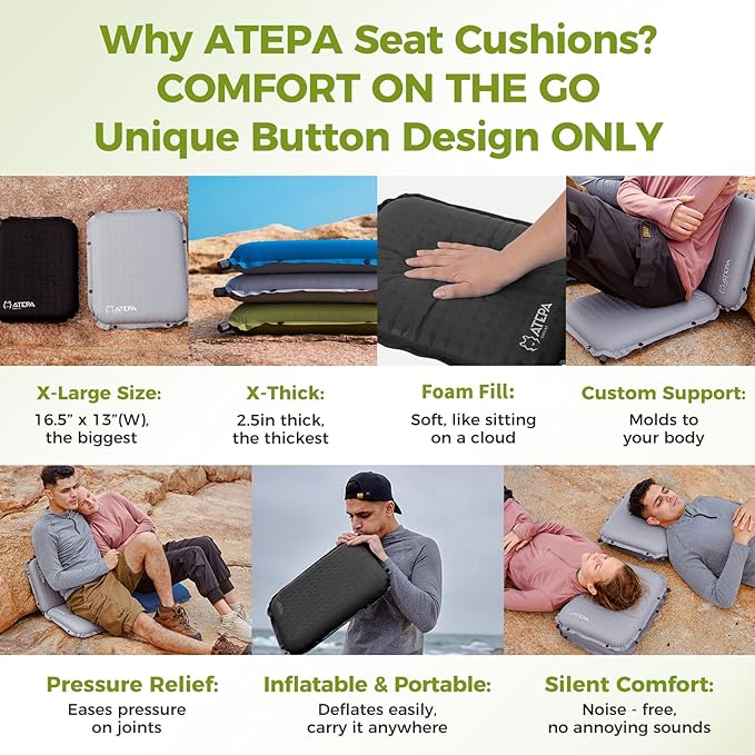 ATEPA Inflatable Seat Cushion, Compact Self-Inflating Seat Cushion for Stadium Airplane Air Travel Bleacher Camping, Blow Up Foam Seat Pad for Outdoor Sports Events Backpacking Hiking Sitting