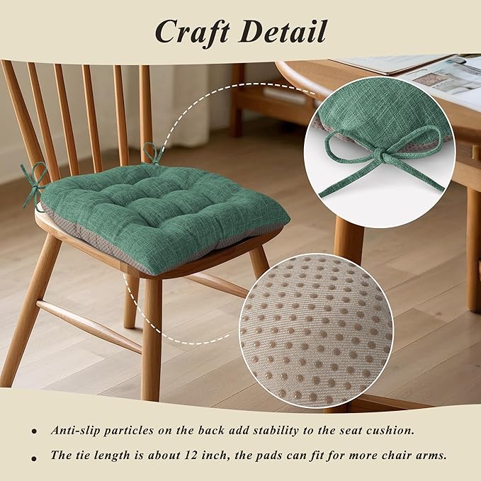 Chair Cushions for Dining Chairs Set of 2 Durable D-Shaped Seat Cushions with Non-Slip Backing Secure Ties Thick Cozy Seat Pad for Kitchen Dining Room Office(18x16.5x3in Green)