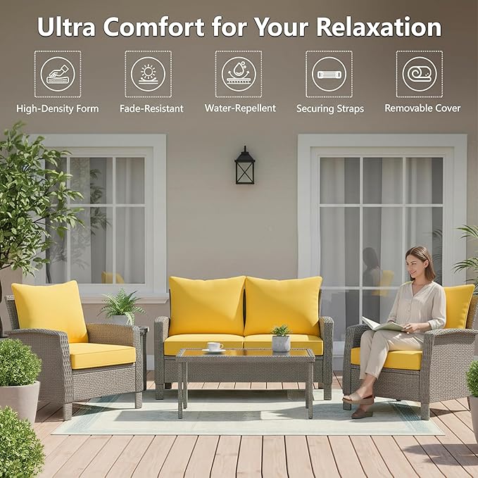 22x22 Inch Patio Chair Cushions Set of 4, Outdoor Furniture Cushions - Removable Cover, Water-Repellent, Fade-Resistant, Non-Slip Bottom & Straps, Replacement for Lawn, Porch & Deck Chair - Yellow