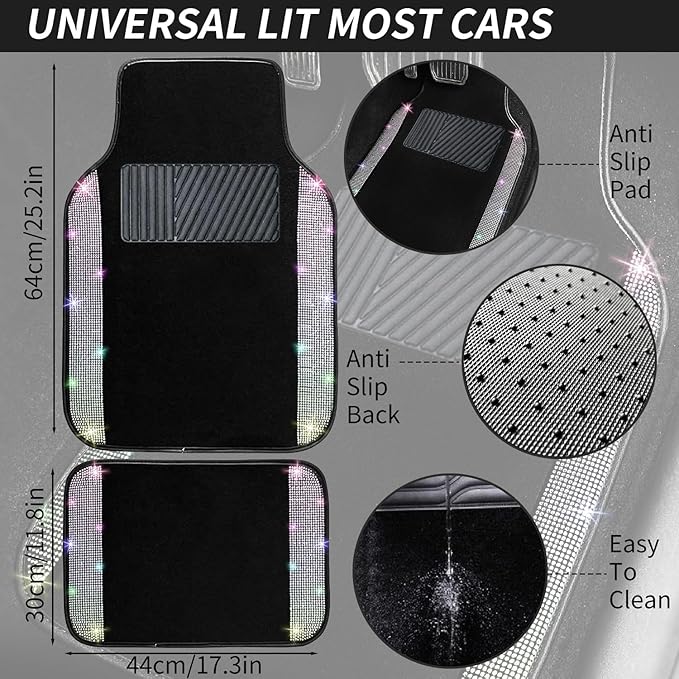 NBTEPEM 12 Pcs Bling Car Accessories Set for Women Car Floor Mats Full Set Steering Wheel Cover Seat Belt Covers Coasters Universal Fit Car SUV Truck Van Multicolor