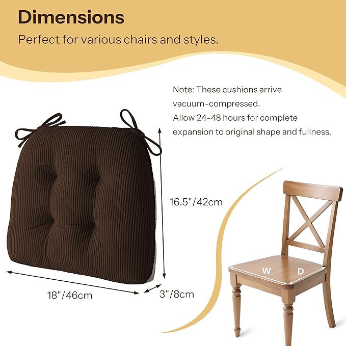 Indoor Kitchen Chair Cushions Set of 4 18"X16.5"X3" Soft Anti Slip Dining Chair Pads Tufted Kitchen Seat Cushion with Ties, Brown