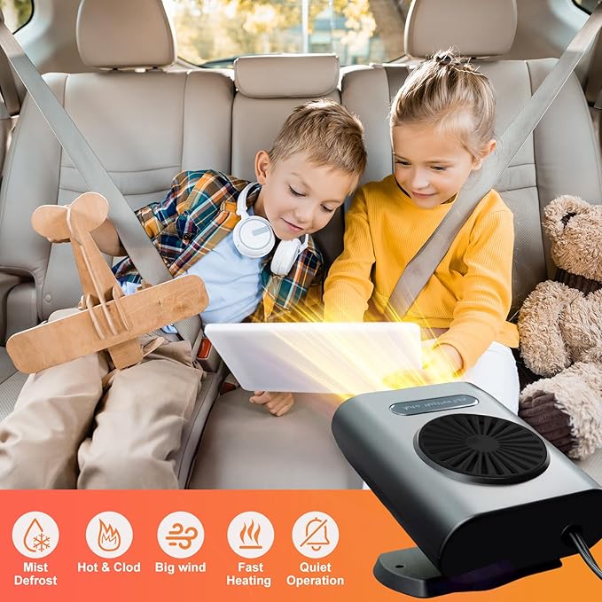 Car Heater Fan, 12V 200W Fast Heating and Cooling Fan Portable Windshield Defogger and Defroster Plug into Cigarette Lighter for Car RV SUV (Black Black)
