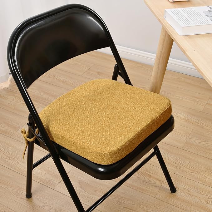SINOSSO Memory Foam Chair Cushions for Folding Chairs 6 Pack, Thickened 2" Square Pads with Ties for Kitchen Chairs, Indoor Non-Slip Dining Chair Seat Cushions (Set of 6, Yellow)