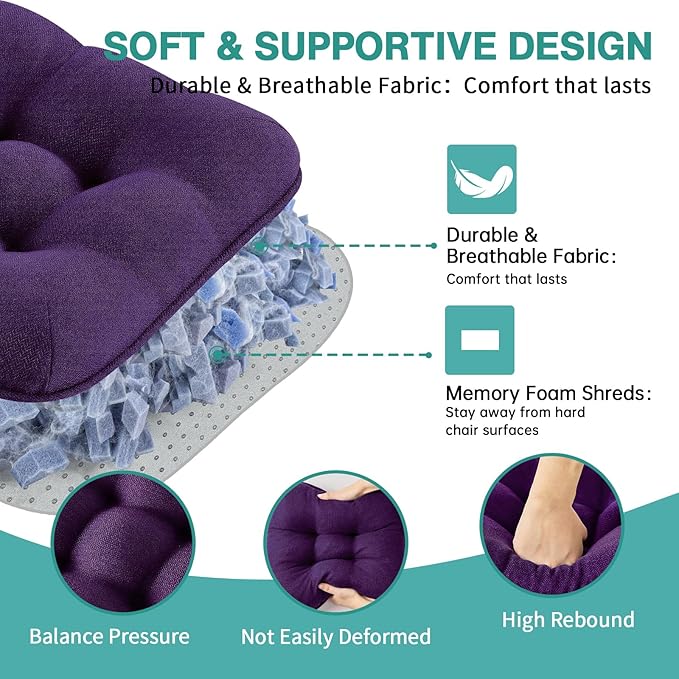 BETU Chair Cushions for Dining Chairs Set of 4,3.5" Thick Kitchen Table Chair Pads with Ties,Non Slip Backing and Covers, Seat Cushion for Dining Room,Bar,Patio Chairs,15.5"X15.5"X3.5",Dark Purple
