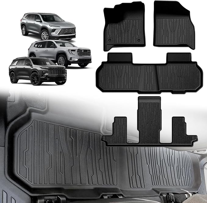 TripleAliners Floor Mats Compatible with 2024-2026 GMC Acadia/Chevy Traverse (2nd Row Captain's Chairs)/2025-2026 Buick Enclave | 7-Seat Only | All Weather TPE Custom Fit Full Set Floor Liners