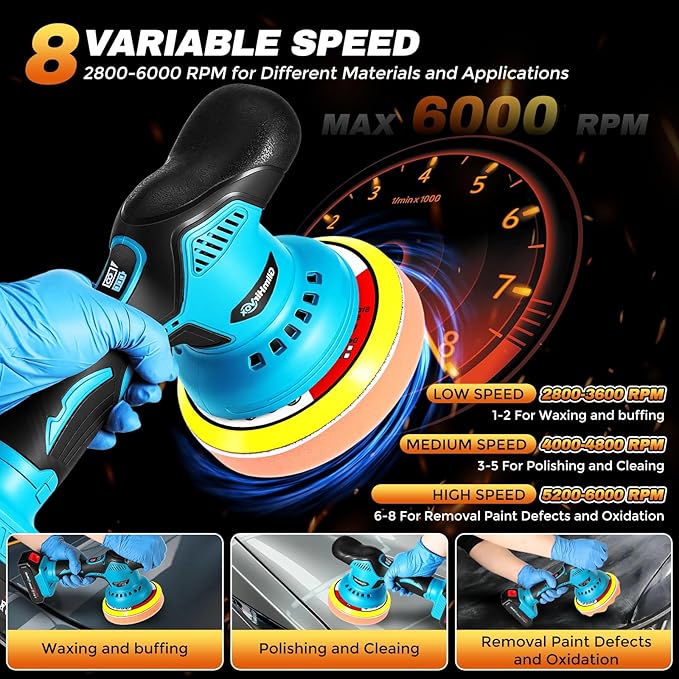 Cordless Car Buffer Polisher Kit, 6-Inch Ultimate Car Polishing Kit with 2x2.0Ah 21V Batteries & 28PCS Attachments, 8-Speed 6000RPM Cordless Buffer Polisher for Car Detailing, Waxer, Scratch Removal