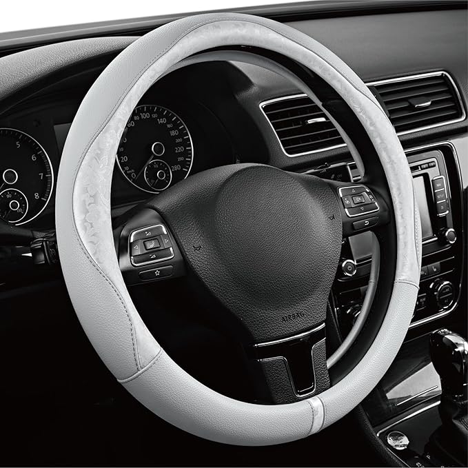 PIC AUTO Steering Wheel Cover, Silver Patterned Leather Patchwork Design, Universal Fit 14.5"–15.5", Anti-Slip, Odor-Free, Soft PU Grain Leather, Durable Grip Car Accessory for Girls & Women