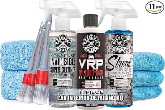 Chemical Guys Car Interior Detailing Kit - VRP Protectant, Nonsense Cleaner, Streak Free Glass Cleaner, 3 Detailing Brushes, 3 Towels, 2 Applicators, 11-Items