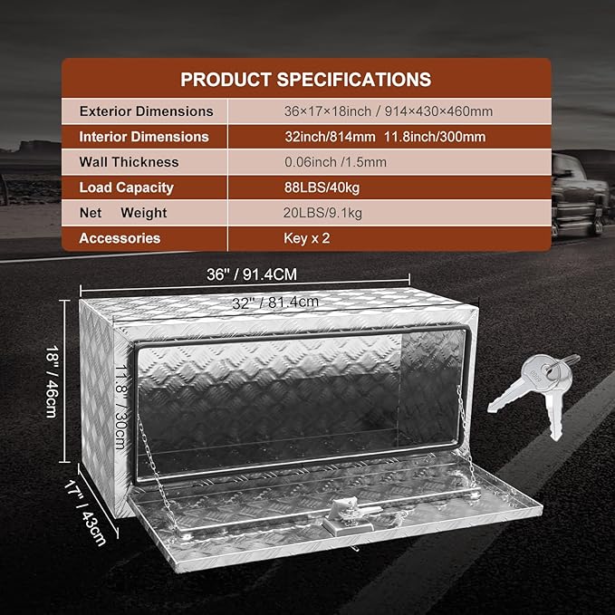 VEVOR Underbody Truck Box, 36"×17"×18" Pickup Storage Box, Heavy Duty Aluminum Diamond Plate Tool Box with Lock and Keys, Waterproof Trailer Storage Box with T-Handle Latch for Truck, Van, Trailer
