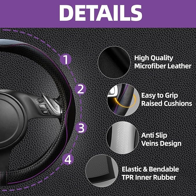 NBTEPEM 6 PCS Car Steering Wheel Cover Set, Microfiber Leather Steering Wheel Covers Universal 14.5-15 inch, Center Console Cover, Seat Belt Cushion, Cup Holder Coaster, Car Accessories Set Purple