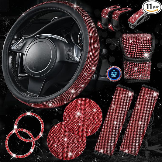 CAR PASS 11 PCS Bling Red Steering Wheel Cover Set for Women, Sparkly Rhinestone Diamond Bling Seat Belt Cushion, Glitter Shift Knob Cover, Car Cup Holder Coaster, Cute Interior Sets Red 14.5"-15"