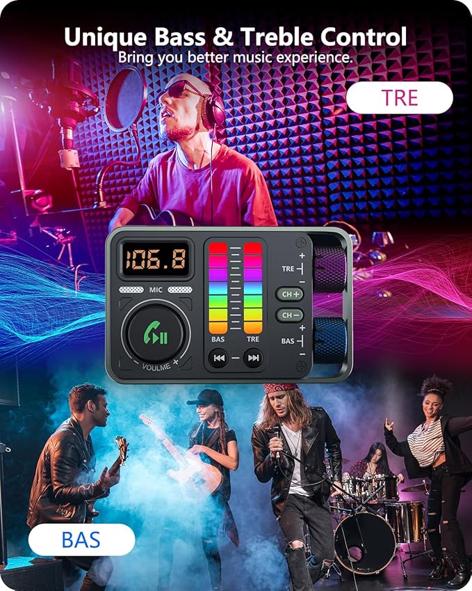 LENCENT Bluetooth Car Adapter, Bluetooth 5.3 FM Radio Transmitter with Hi-Fi Treble & Bass Music Player, PD20W and QC18W Fast Charger, Dual Mics for Hands-Free Call, Siri & Google, U Disk/3.5mm AUX