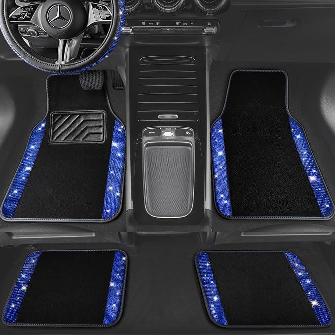 CAR PASS Bling Diamond Leather Steering Wheel Cover 14.5in-15in Floor Mats Shining Rhinestone Carpet Sparkly Glitter Crystal Anti-Slip Pad Fit Automotive SUV Pickup Truck Girl Women, 5pcs Black Blue