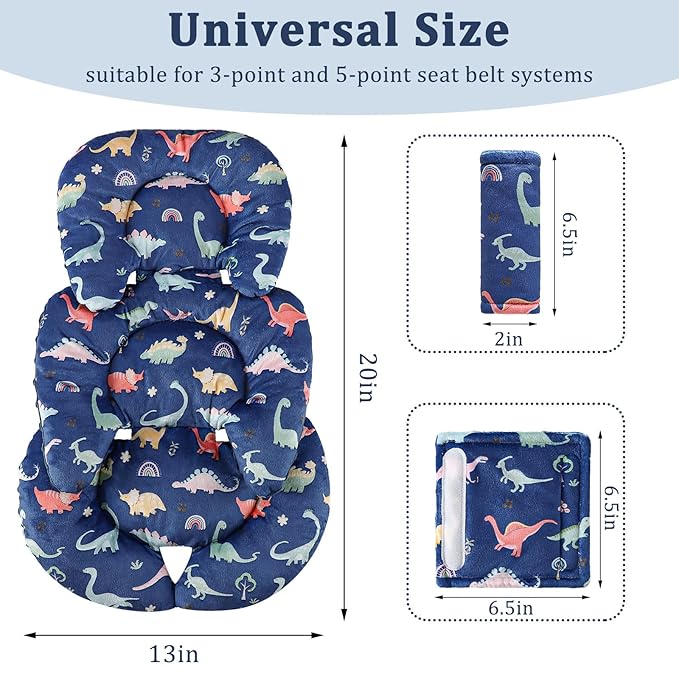 Infant Car Seat Insert Cushion, Super Soft Baby Car Seat Head Support & 2 Straps Pads, Reversible Preemie Newborn Carseat Insert, Fit Car Seat, Stroller, Infant Bouncer, Blue Dinosaur
