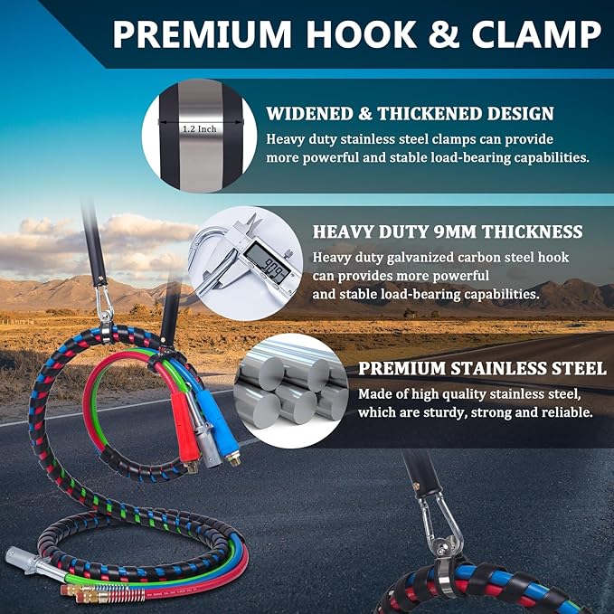 CheeMuii 20" Single Tender Spring Kit with 3in1 Hose Holder and 3-Hole Clamp Holder Heavy Duty Tender Spring for Semi Truck Air Lines Kit 2 Style Air Lines Holders for Semi Truck Trailer Tractor