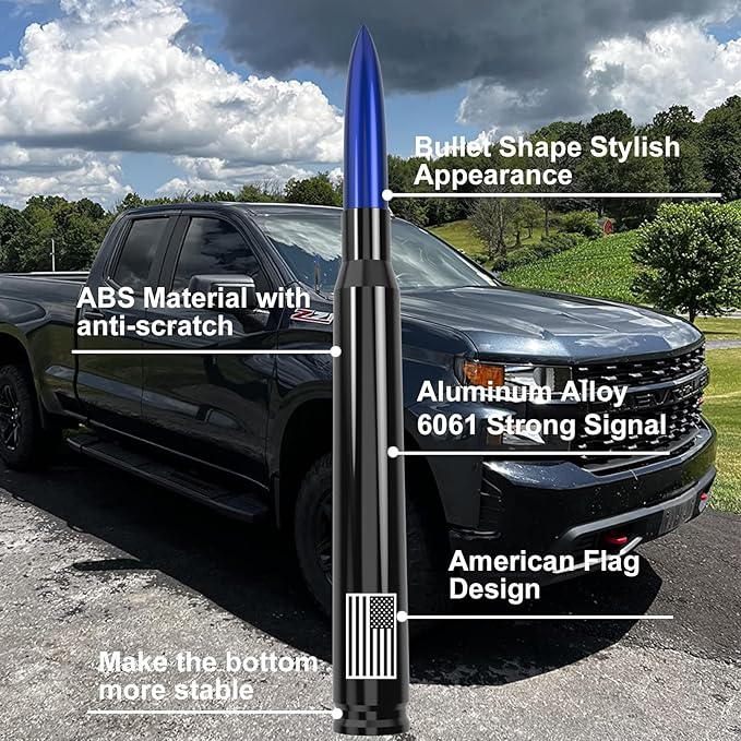 Car Truck Bullet Antenna with Tire Valve Caps American Flag Universal Short Replacement for GMC Sierra Chevy Silverado Dodge Ram 1500 2500 3500 Ford F150 F250 F350 Super Duty Raptor Accessories Blue