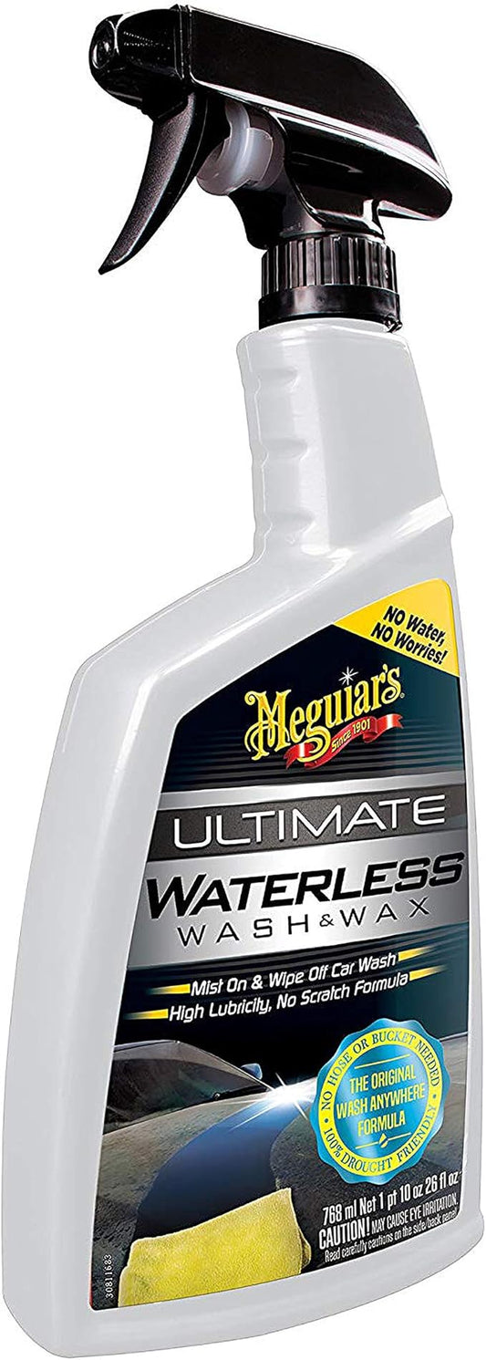 Meguiar’s Ultimate Waterless Wash & Wax, Scratch-Free Cleaning Spray that Cleans and Protects Without Water, 2-in-1 Detailer for Shine, Cool Car Gifts for Men and Women, 26 Oz