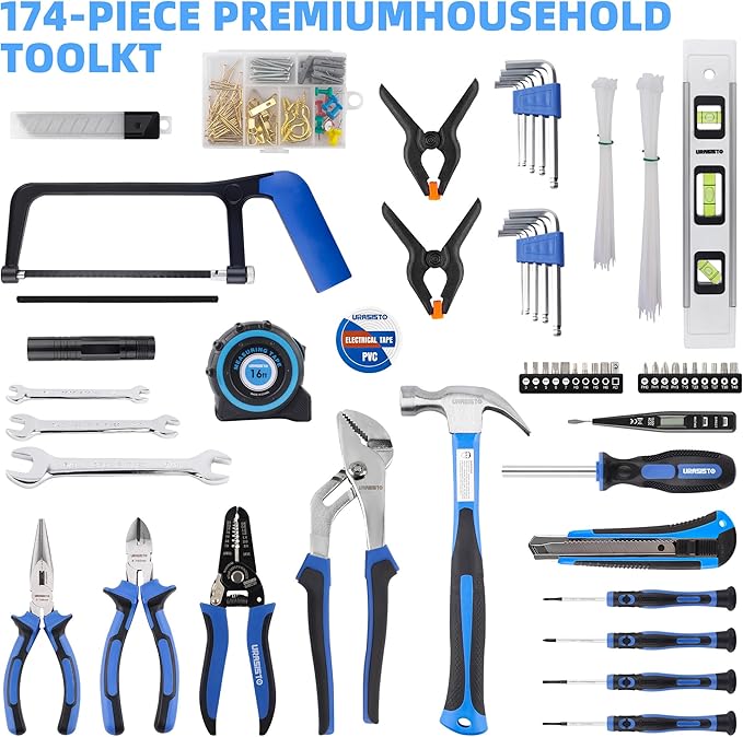 URASISTO 174-Piece Premium Tool Kit, Household Repairing Tool Set with 14 Inch Large Mouth Open Storage Tool Bag