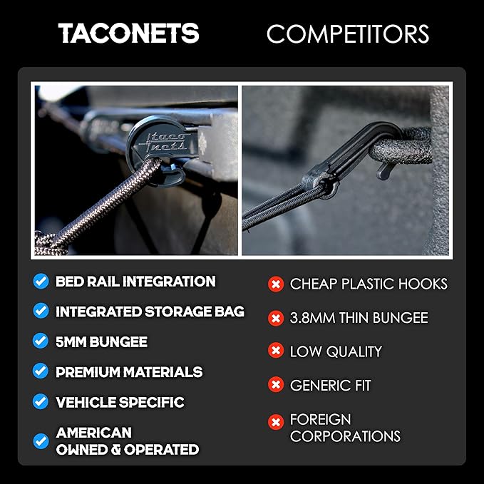 Envelope Cargo Net for Toyota Tacoma - Fits 2005-Current - Patented Bed Rail Integration - Upgraded 5mm Bungee - Integrated Storage Bag - Heavy Duty Carabiners - Designed in USA