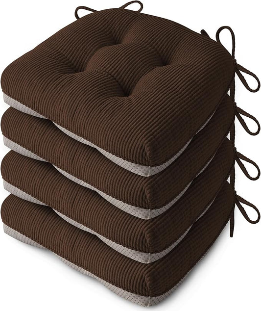 Indoor Kitchen Chair Cushions Set of 4 18"X16.5"X3" Soft Anti Slip Dining Chair Pads Tufted Kitchen Seat Cushion with Ties, Brown
