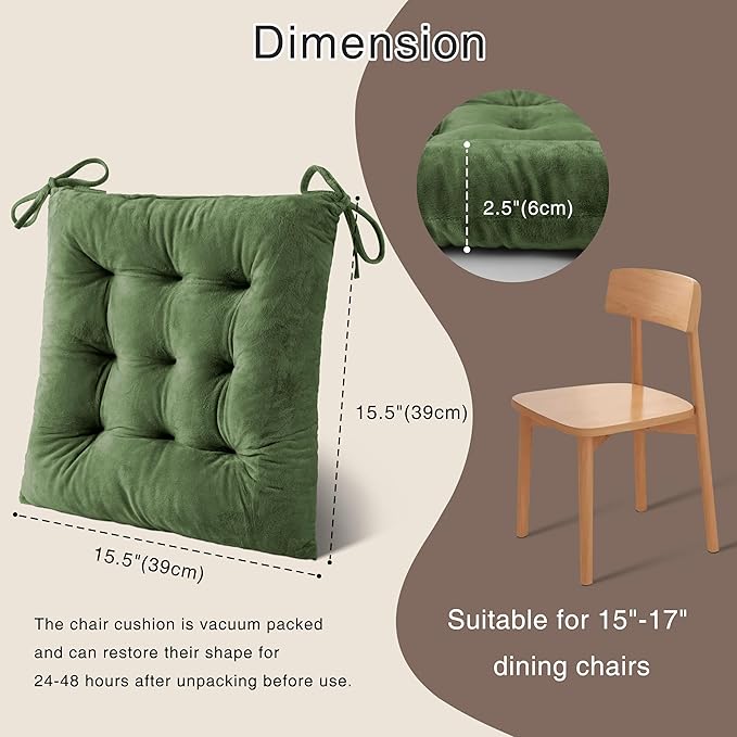 OVOV 1 Pack Chair Cushions for Dining Chairs Soft Seat Cushions for Kitchen Desk Chairs Square Chair Pads with Ties (15.5"x15.5" Green)
