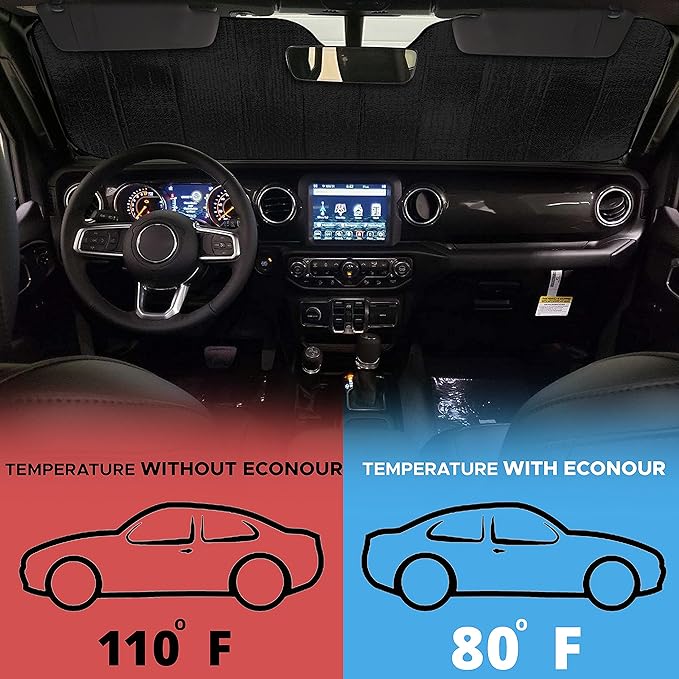 EcoNour Accordion Windshield Sun Shade for Jeep Wrangler | Car Shade Front Windshield Designed for Jeep Wrangler| Dashboard Sun Visor for UV and Heat | XS 53 x 17 inches