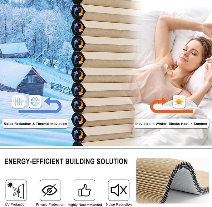 Tonature No Drill Cellular Shades for Indoor Windows, Thermal Insulating & Noise Reducing Honeycomb Blinds, Free Stop Cordless Blackout Shades, Beige, 41 1/2" W x 64" H