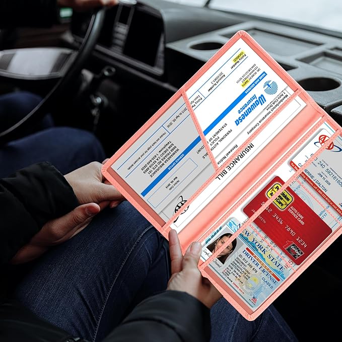 TOURSUIT Car Registration and Insurance Card Holder, Vehicle License Document Glove Box Compartment Organizer, Interior Car Accessories for Women Men Teens (Pink)