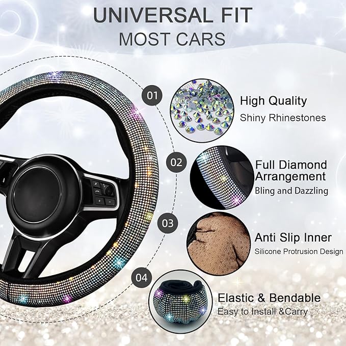 NBTEPEM 8 pcs Bling Car Accessories Set for Women, Steering Wheel Cover, Sparkly Seat Belt Covers, Bling Gear Shift Cover, Universal Fit Most Cars (Multicolor Diamond)