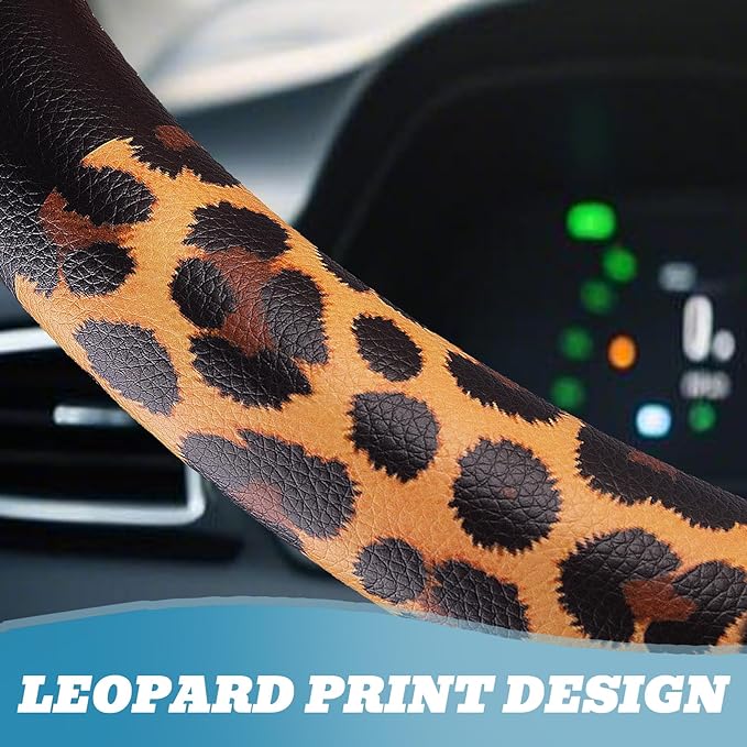 Universal Leather Leopard Cheetah Steering Wheel Cover Women 14.5-15 inch Leopard car Accessories Western Anime Brown Cute Wheel Cover Hip Hop Anti-Slip Car Protecter for Men
