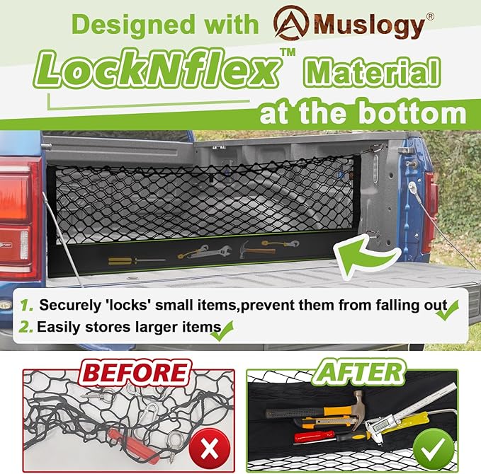 Muslogy Truck Bed Cargo Net Trunk Netting Compatible with Ford F-150 & Lightning 2015-2026 Accessories, Pickup Cargo Organizer SUV Sedan Storage Net w/Heavy Duty Carabiners