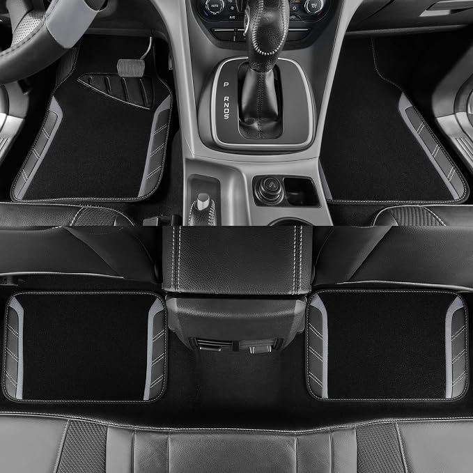 CAR PASS Leather Steering Wheel Cover and Waterproof Car Floor Mats,Microfiber Universal Car Combo Fit for 95% Sedan,SUV,Cars,14.5-15inch Sporty Anti-Slip Safety Comfortable Design(Black＆Gray)