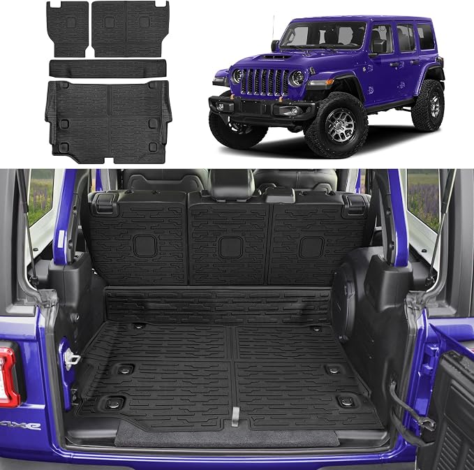 Cargo Mat with Seat Back Cover Fit for 2021-2025 Jeep Wrangler JL 4 Door Unlimited 4XE, Cargo Liner Durable TPE Trunk Mat for 2024 Jeep Wrangler JL/JLU Accessories(Cargo Mat+ Backrest Mats)