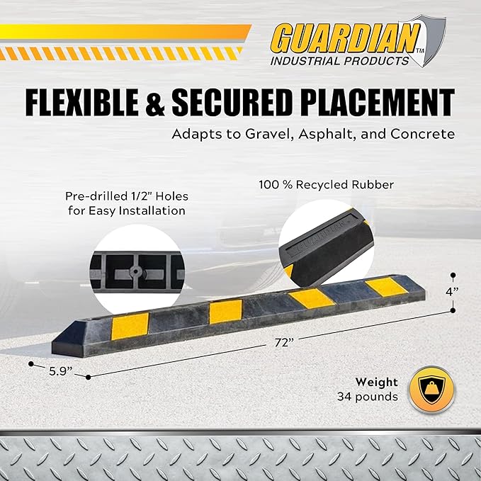 Guardian 6' Parking Stopper for Garage, Rubber Curb, Mounting Holes