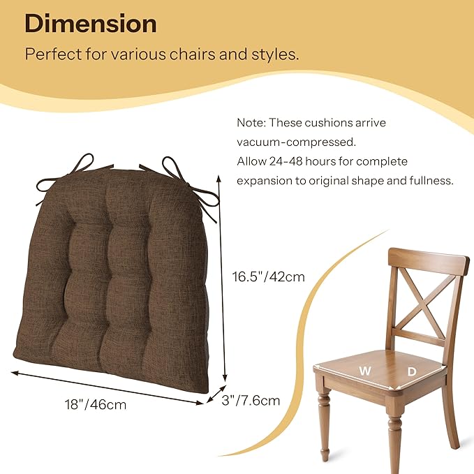 Chair Cushions for Dining Chairs Set of 2 Durable D-Shaped Seat Cushions with Non-Slip Backing Secure Ties Thick Cozy Seat Pad for Kitchen Dining Room Office(18x16.5x3in Coffee)