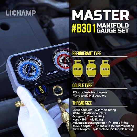 Lichamp AC R1234YF R134A Gauge Set, Automotive Manifold Gauge Compatible with R1234YF R134A and R404A Refrigerants, Works on Car Freon Charging and Evacuation