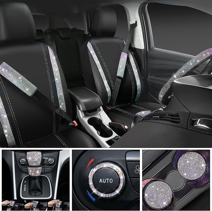 CAR PASS Bling Diamond Leather Seat Covers Sets 12pcs Shining Car Accessories Set for Women, Sparkly Rhinestone Steering Wheel Cover, Glitter Cute Crystal for Women Girl, Bedazzed Multicolor Diamond