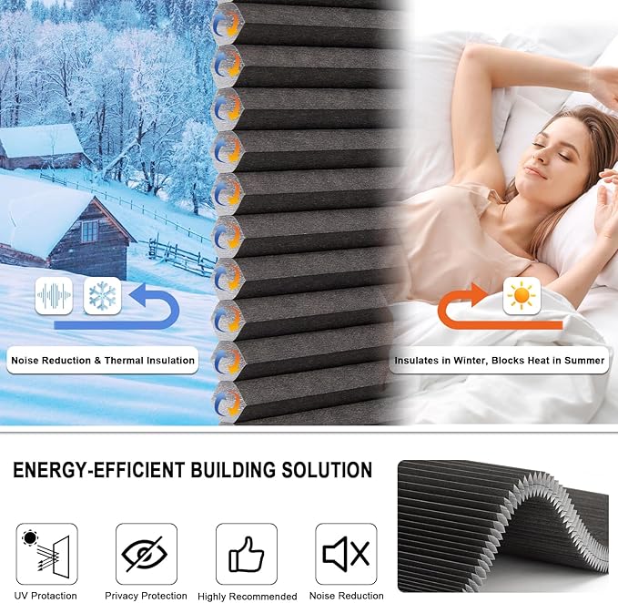 Tonature No Drill Cellular Shades for Indoor Windows, Thermal Insulating & Noise Reducing Honeycomb Blinds, Cordless Free Stop Blinds Light Filtering, Black, Custom Size
