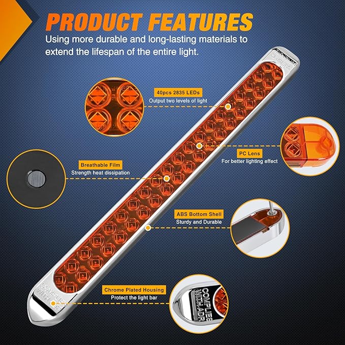 Nilight LED Tail Light 2PCS 17 Inch 40LED Amber Running Tail Turn Signals Lights w/Chrome Bezel Waterproof Surface Mount for 12V Towing Trailer Truck RV Camper Boat