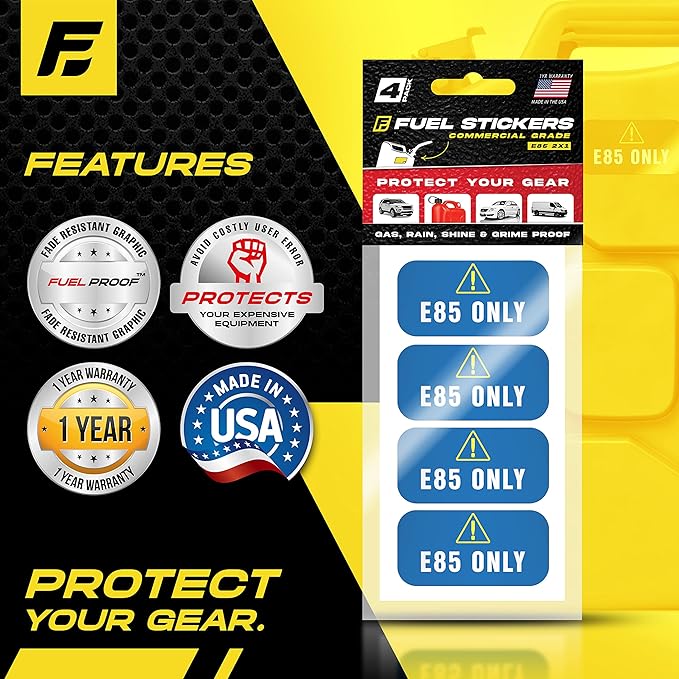 E85 Stickers, Flex Fuel Label for Vehicles, Rental Cars, Fleet Trucks and SUVs - Weather Proof, Extreme Stick, Flex Fuel Decals by Fuel Stickers - USA Made (2x1 inch), 40 Labels