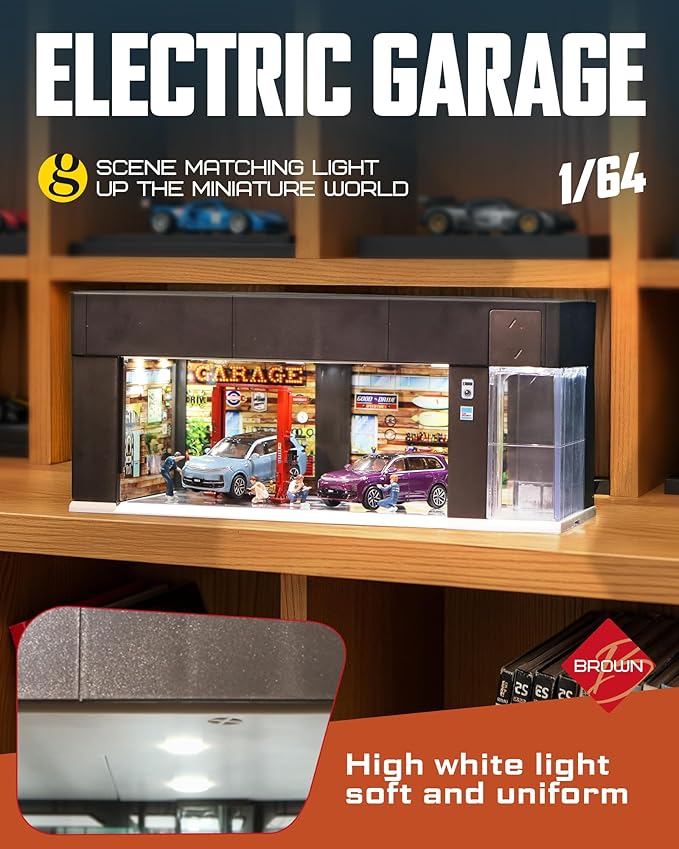 1/64 Scale Diecast Display Case for Hot Wheel Storage with LED Lights, Stackable Electric Garage with Voice Control, 3 Replaceable 3D Scenes Parking Lot Diorama for Model Cars (Brown)