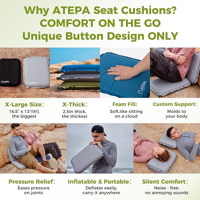 ATEPA Inflatable Seat Cushion, Compact Self-Inflating Seat Cushion for Stadium Airplane Air Travel Bleacher Camping, Blow Up Foam Seat Pad for Outdoor Sports Events Backpacking Hiking Sitting