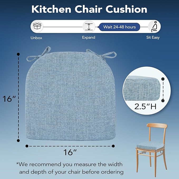 Chair Cushions for Dining Chairs, Non Slip Chair Pads with Ties and Washable Covers, Memory Foam Kitchen Chair Cushions Set of 4, 16"X16"X2.5", Light Blue