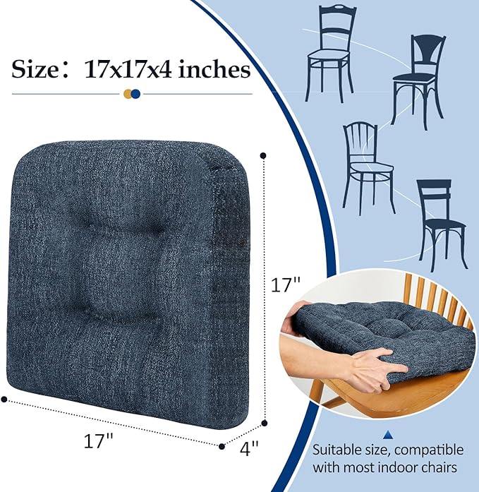downluxe Chair Cushions for Dining Chairs 4 Pack, Tufted Indoor Chair Pads with Non-Slip Bottom, U-Shaped Kitchen Chair Cushions, 17"x17"x4", Navy