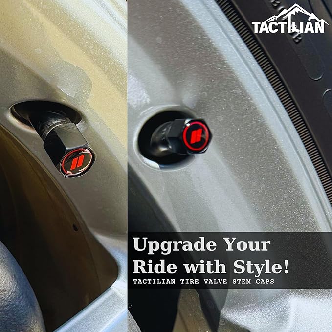 TACTILIAN Red Tire Valve Stem Caps for Dodge Tire Valve | Leakproof Aluminum Tire Valve Caps for Car Tires with Rubber O-Ring Compatible with Dodge Valve Stem Caps for Challenger, Charger, Ram 1500