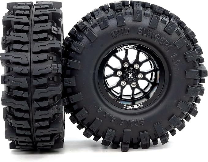 HOBBYSOUL 1.9 Beadlock Wheels and Tires 120mm Tall, 1.9'' Mud Slingers T8 Tires and Wheels Rims -10.5mm Negative Offset for 1/10 RC Crawler SCX10 TRX4 Gen8 Upgrades, (4-Pack, HS701501)
