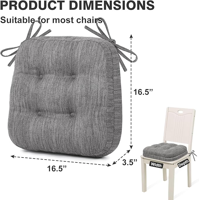 Shinnwa Kitchen Chair Cushions Set of 4, Dual-Layer Memory Foam Dining Chair Cushions, Patented Design Seat Pads with Ties, 16.5 x 16.5 x 3.5in, 4 Pack, Grey